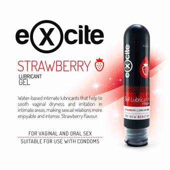 Gel lubricante sexual sabor a fresa. Gel lubricante íntimo adecuado para relaciones de sexo vaginal, anal u oral. Mayor disfrute en las relaciones de mujer y hombre. Excite 100 ml. Envíos a Castell