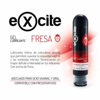Gel lubricante sexual sabor a fresa. Gel lubricante íntimo adecuado para relaciones de sexo vaginal, anal u oral. Mayor disfrute en las relaciones de mujer y hombre. Excite 100 ml. Envíos a Las Pal