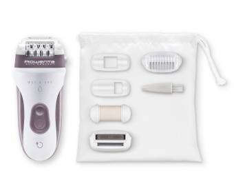 Rowenta Skin Respect EP8060F0 - Depiladora, sin cable y utilizable bajo el agua, 24 pinzas con cabezal exfoliante y rasurador, accesorio para axilas, cabezal de recorte y cepillo limpiador, neceser. E