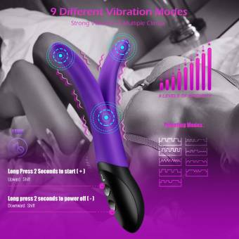 Vibrador para Mujer, Vibrador con 9 Modos de Vibración, Motor Dual de Alta Frecuencia, Masajeador de Doble Bifurcación para Mujeres / Parejas, USB Recargable e Impermeable Juguete de Sexo - Púrpura. E