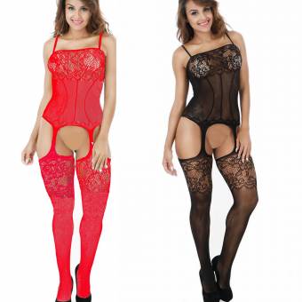 LOVELYBOBO Lencería ropa Crotchless Bodystocking interior de camisón de encaje de manga larga Bare inferior Pack de 2 (negro+rojo). Envíos a Granada