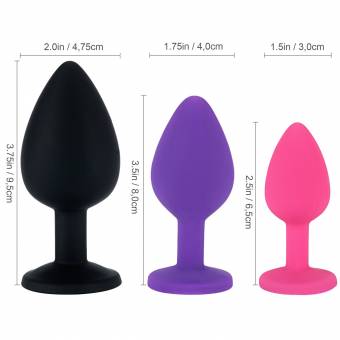 Belmalia 3x Plug Anal Silicona Enchufe Anal Conjunto Ø 30mm, Ø 35mm, Ø 45mm S + M + L Rosa + Lila + Negro. Envíos a Huelva