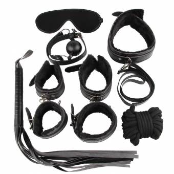 Gojoy Kits de 7 Juguetes Profesionales con Pasión y Estimulación Set de SM Bondaje de Cuero y Felpa con Vendas de Ojos, Esposas, Collar etc. para Noche Especial y Orgasmo (Negro). Envíos a Almer&i