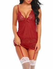 Scallop Babydoll Erótica Conjunto de Lencería Picardías Camisón Liguero y Tanga Encaje(Rojo oscuro XL). Envíos a Granada