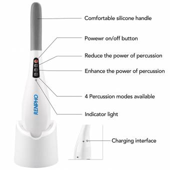RENPHO Masajeador Inalámbrico de Percusión profunda para espalda, músculos, pie, cuello, hombro, pantorrilla - Alivio completo de los dolores corporales con 3 nódulos intercambiables y 4 tipos de masa