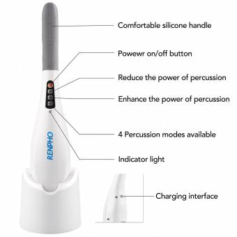 RENPHO Recargable Masajeador Inalámbrico de Percusión profunda para espalda, músculos, pie, cuello, hombro, pantorrilla - Alivio completo de los dolores corporales con 5 nódulos intercambiables y