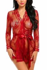 Aranmei Mujer Conjuntos de Lencería Erótica Camisón Babydoll Encaje Ropa de Dormir Transparente Kimono(Rojo,Large). Envíos a Teruel