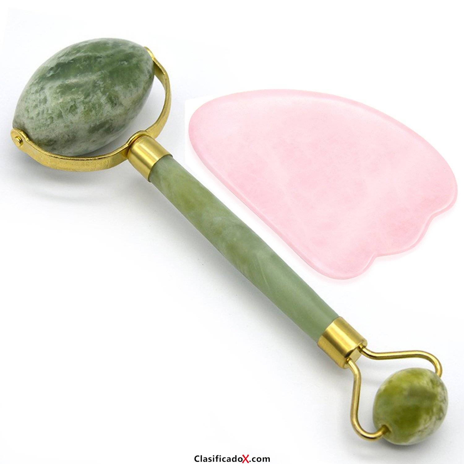 Rodillo de Jade y Gua Sha de cuarzo color rosa- Herramientas anti edad para masaje facial, y adelgazante corporal, auxiliar para el rejuvenecimiento y la belleza. Incluye caja de regalo. Instruccione