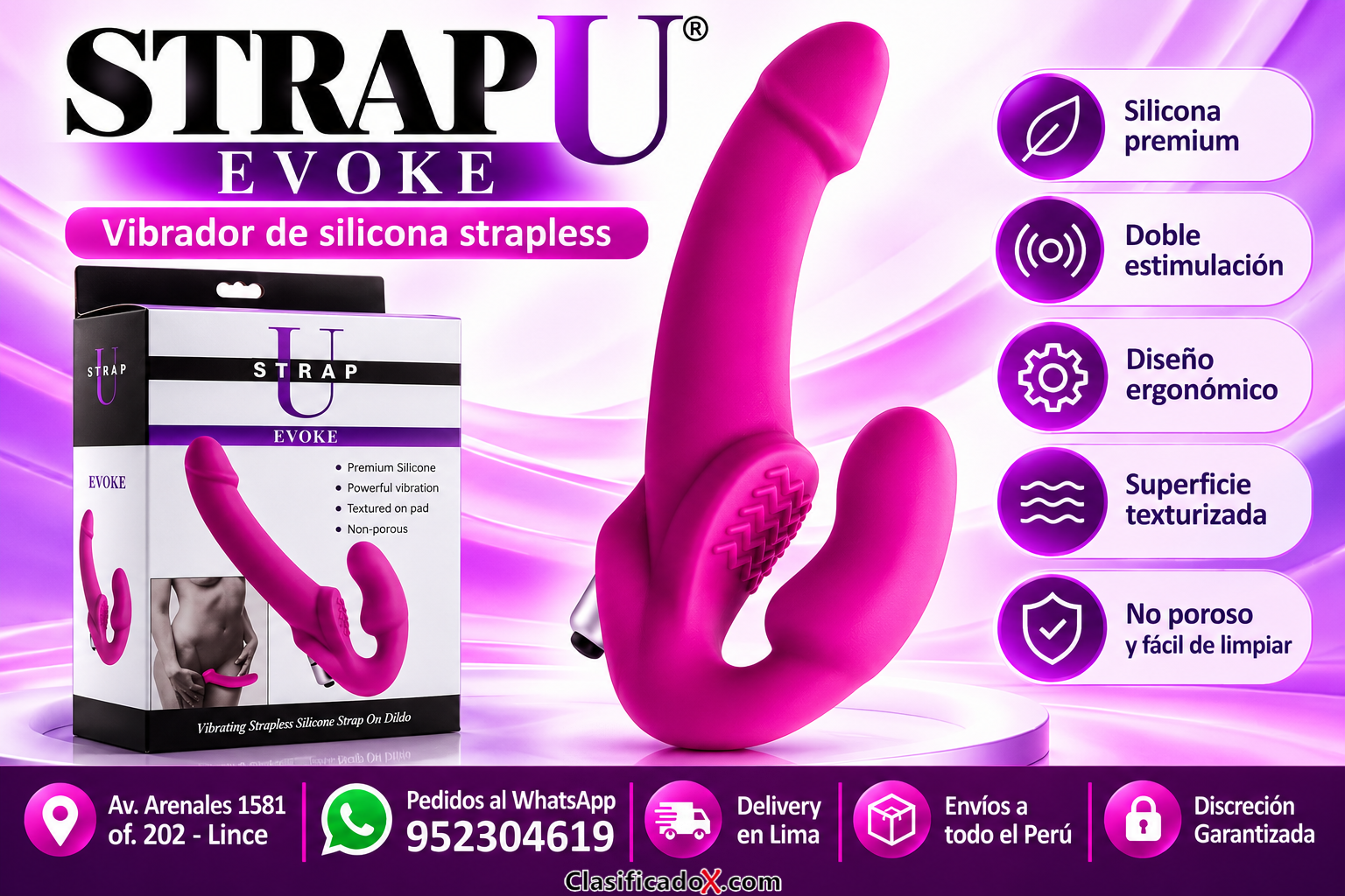 STRAP U EVOKE VIBRATING SILICONE STRAPLESS STRAP-ON EN SEXSHOP LINCE