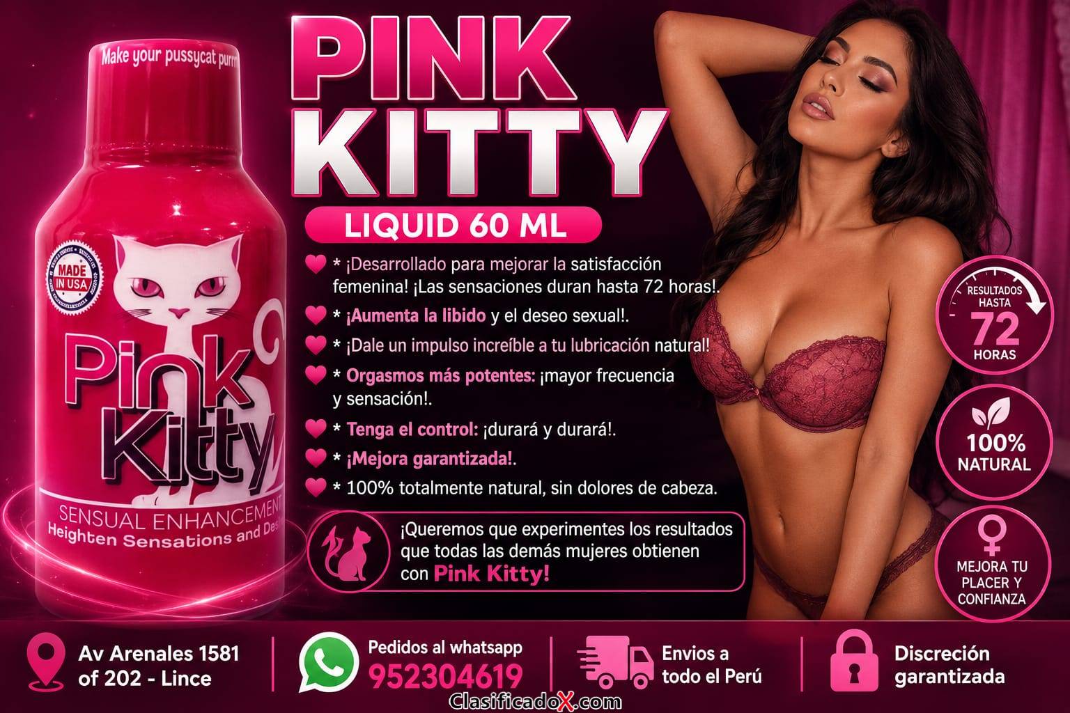PINK KITTY LIQUID 60 ML – MULTIORGASMICO EN LIQUIDO - SEXSHOP LINCE